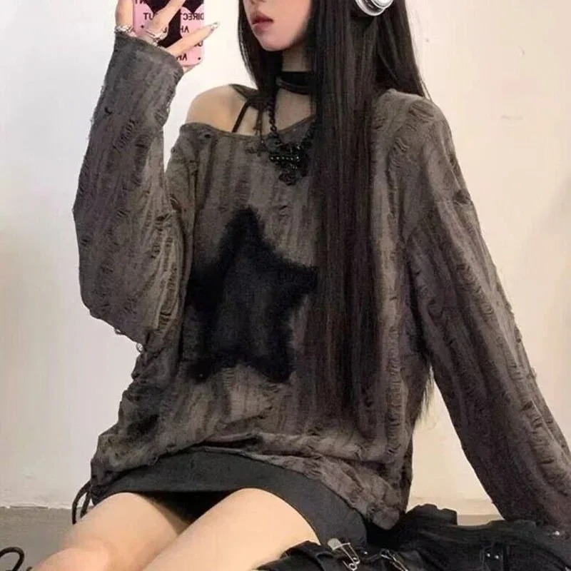 Blouse Off Shoulder - Y2K هول ستار تي شيرت مطبوع