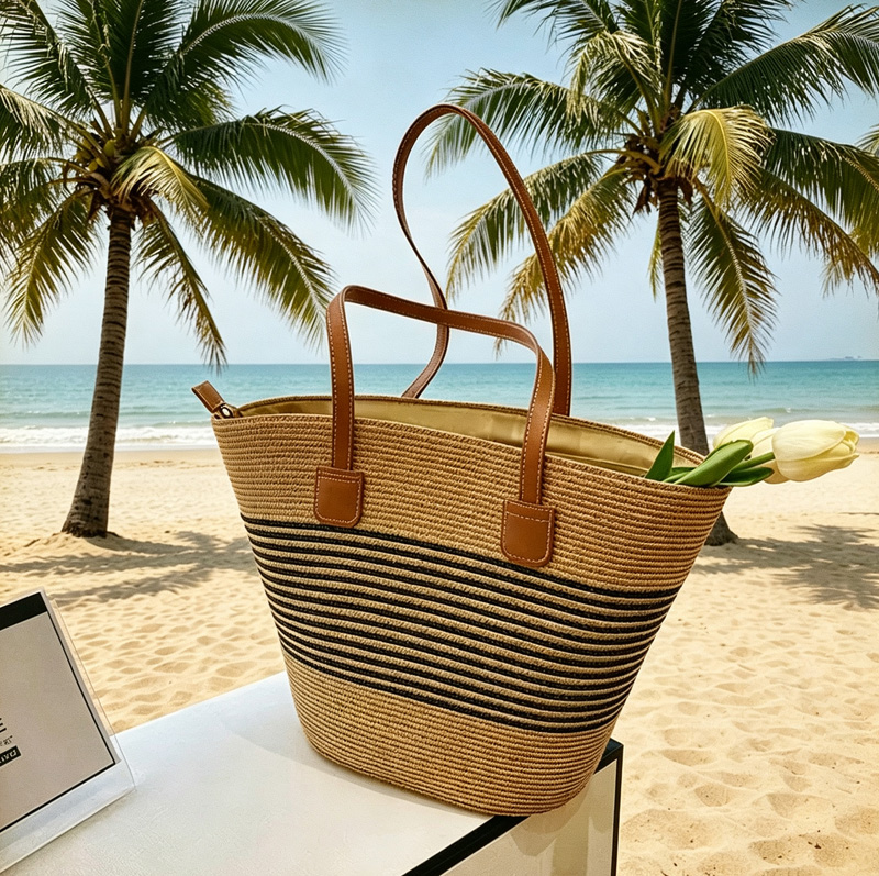 حقيبة يد نسائية من القش المخطط - مراجعة Tote Bag Beach وسعره