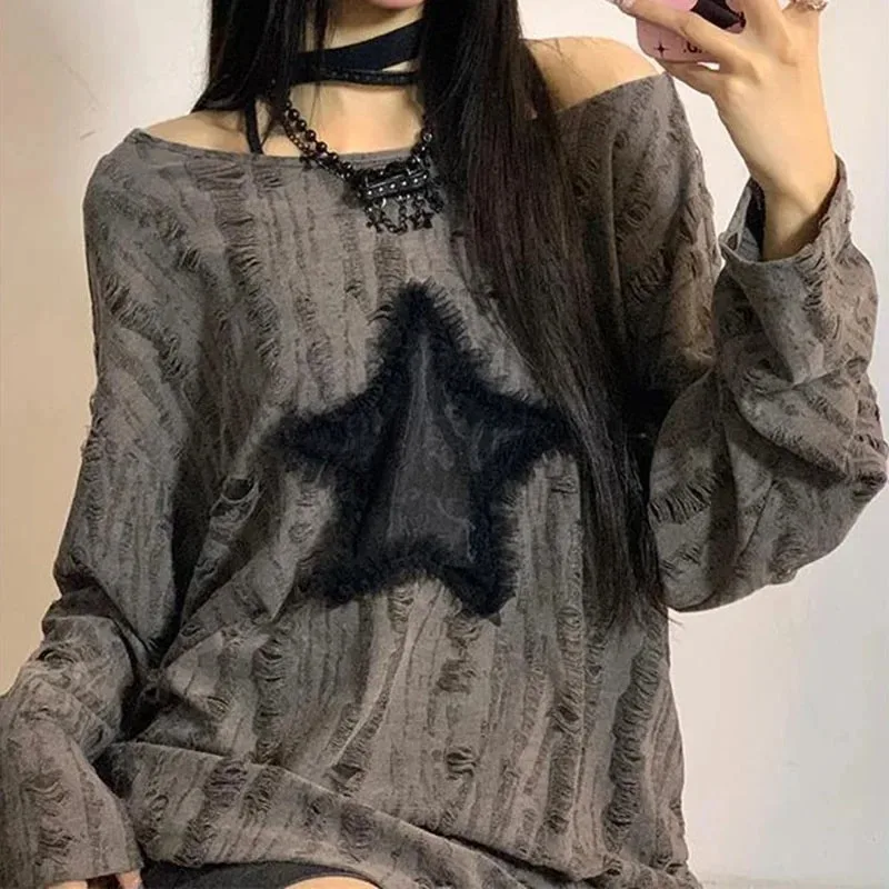 Y2K هول ستار تي شيرت مطبوع الم - مراجعة Blouse Off Shoulder وسعره