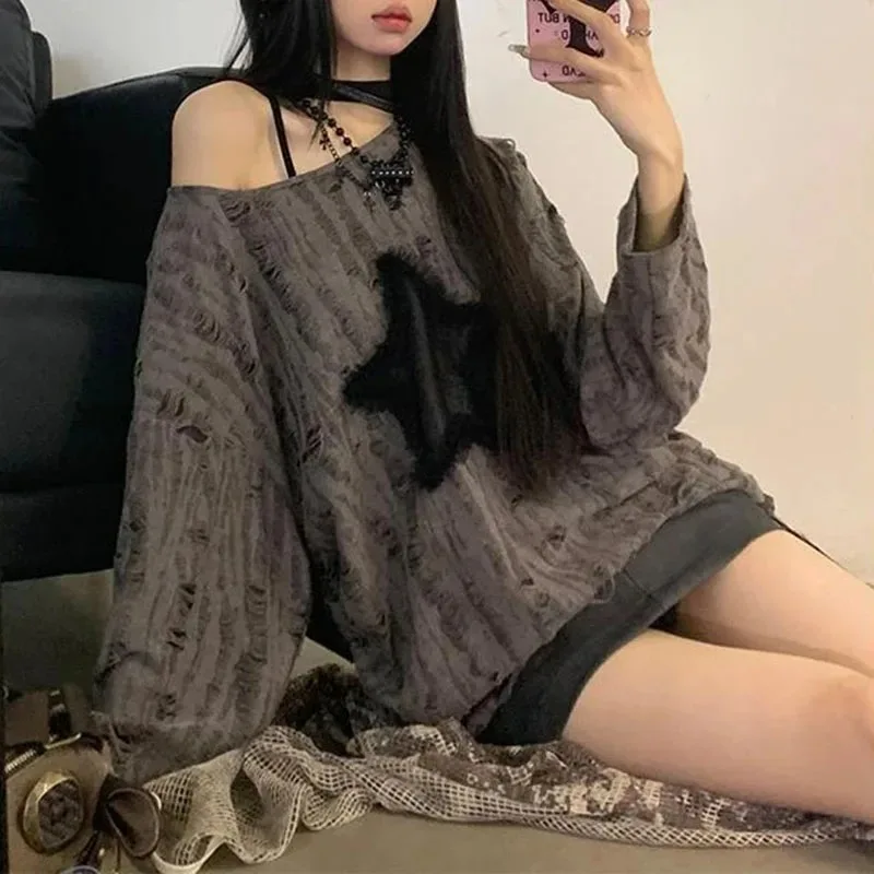 Y2K هول ستار تي شيرت مطبوع الم - مراجعة Blouse Off Shoulder وسعره