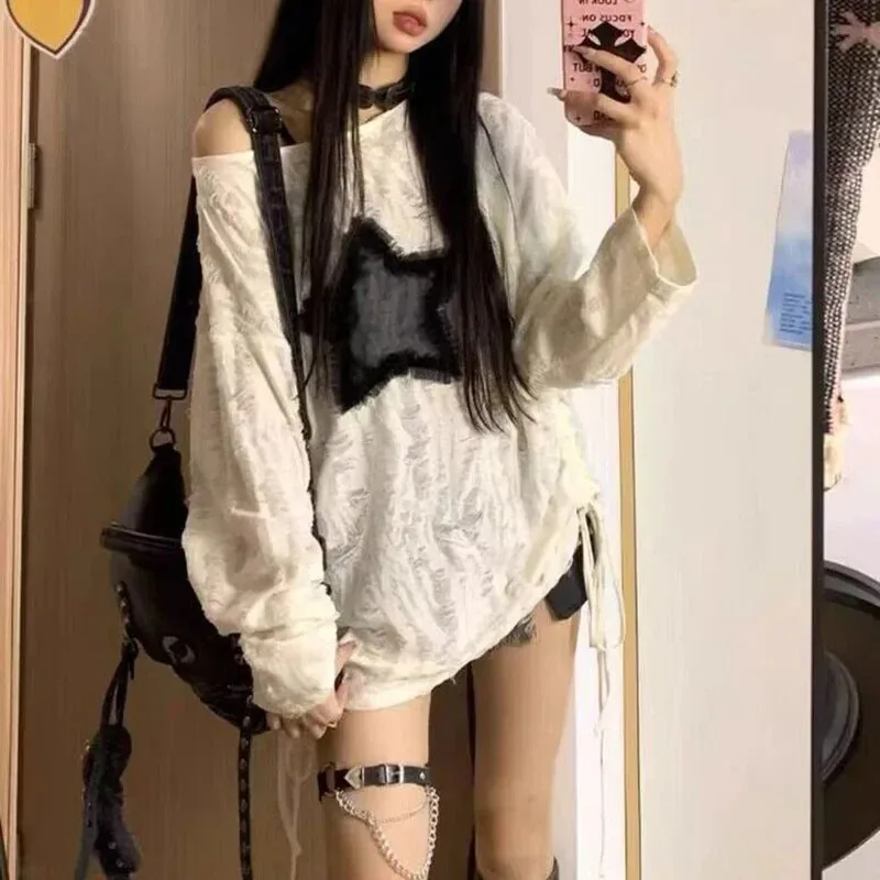 Y2K هول ستار تي شيرت مطبوع الم - مراجعة Blouse Off Shoulder وسعره